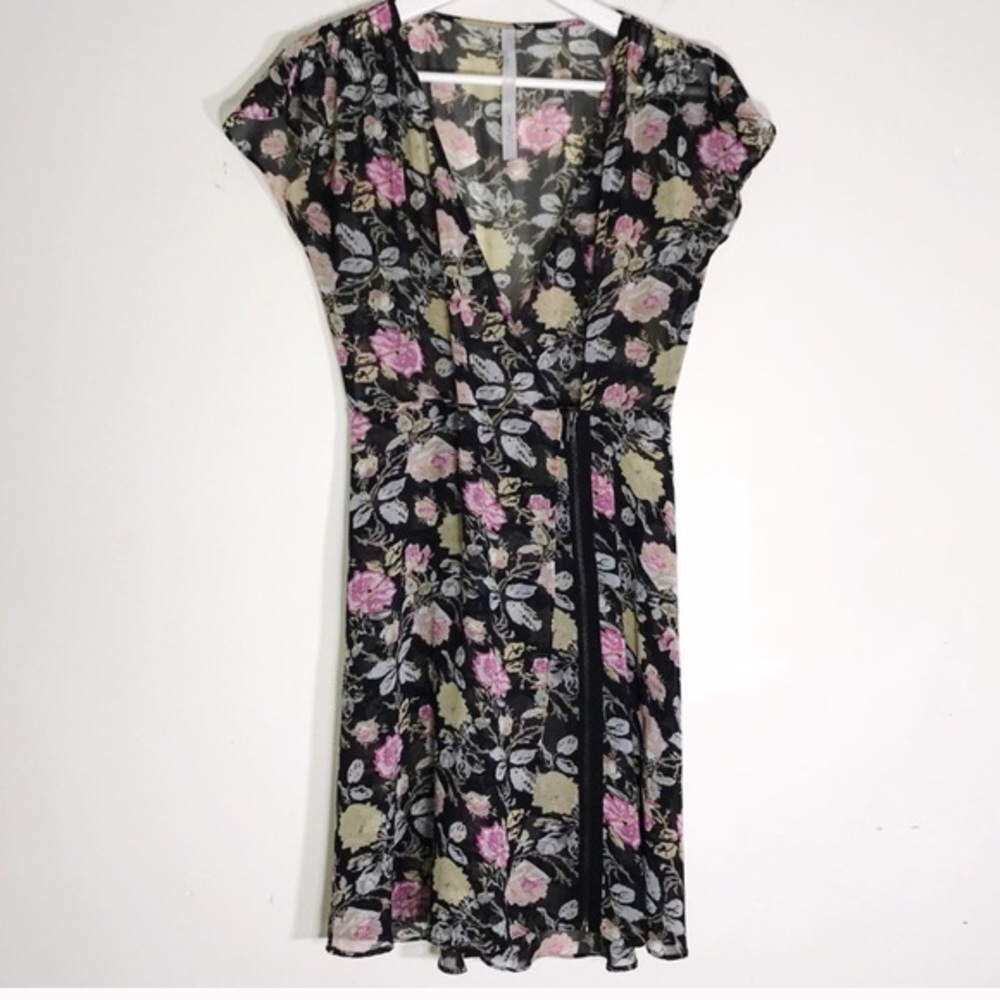Reformed floral sheer‎ dress w/ front side zipper, Asymmetrical, v-neck, casual - Picture 2 of 9